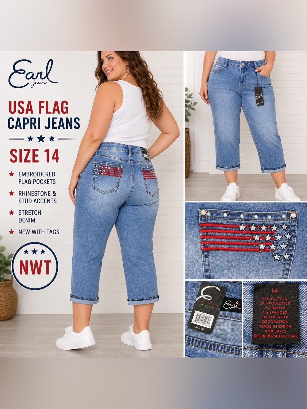 Earl Jeans USA Flag Embroidered Capri Jeans NWT Size 14 Patriotic Denim